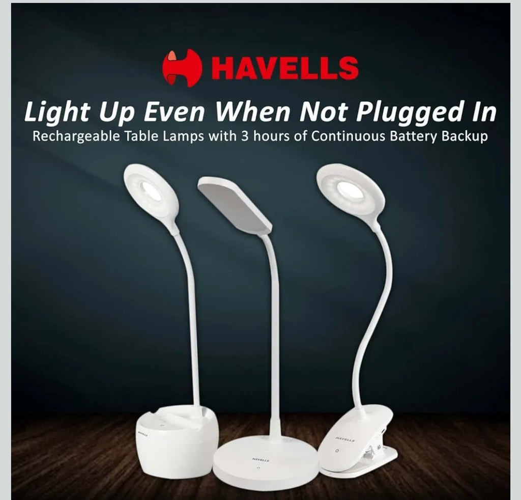 Havells 5W LED Rechareable Desklamp|3 Dimming Modes|Clip Base for Easy Mounting|Energy Efficient| Bright LED Lamp|Made in India|(Moderna)|Pack of 1