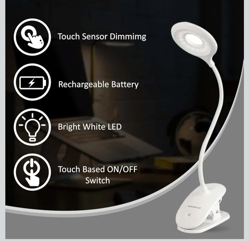 Havells 5W LED Rechareable Desklamp|3 Dimming Modes|Clip Base for Easy Mounting|Energy Efficient| Bright LED Lamp|Made in India|(Moderna)|Pack of 1
