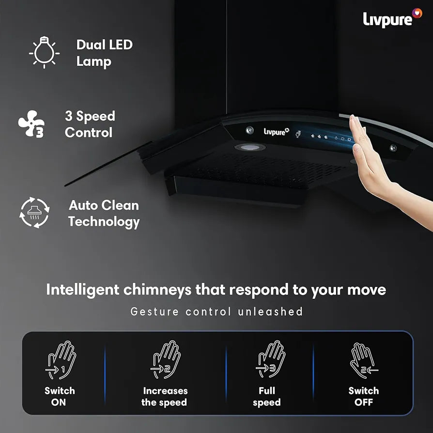 Livpure Swirl  1400 m3/hr Curved Glass | Filterless Autoclean Kitchen Chimney.