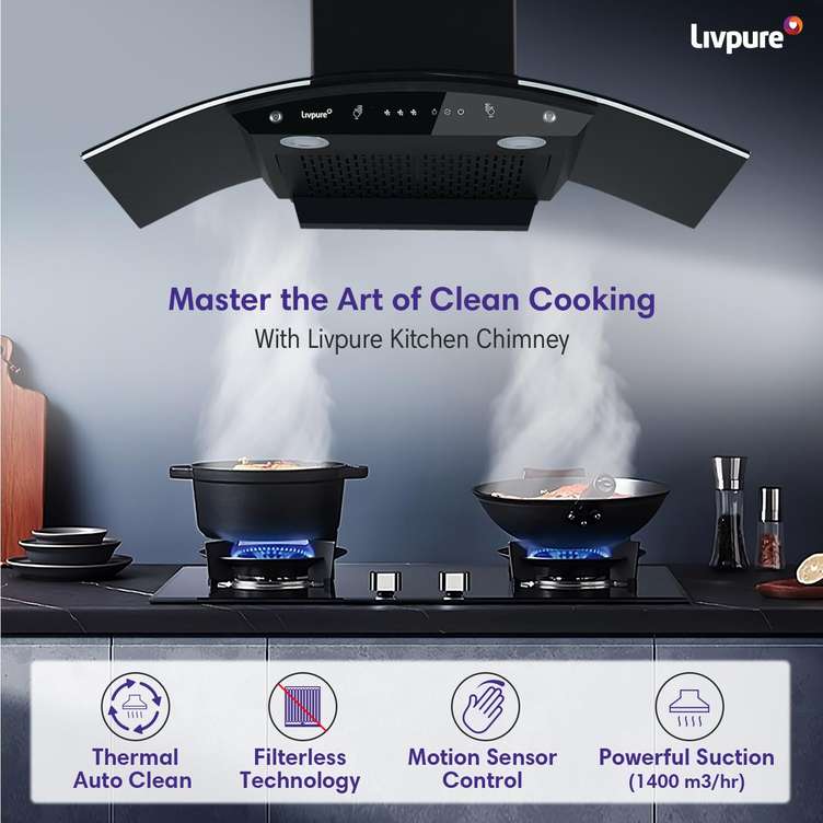 Livpure Swirl  1400 m3/hr Curved Glass | Filterless Autoclean Kitchen Chimney.